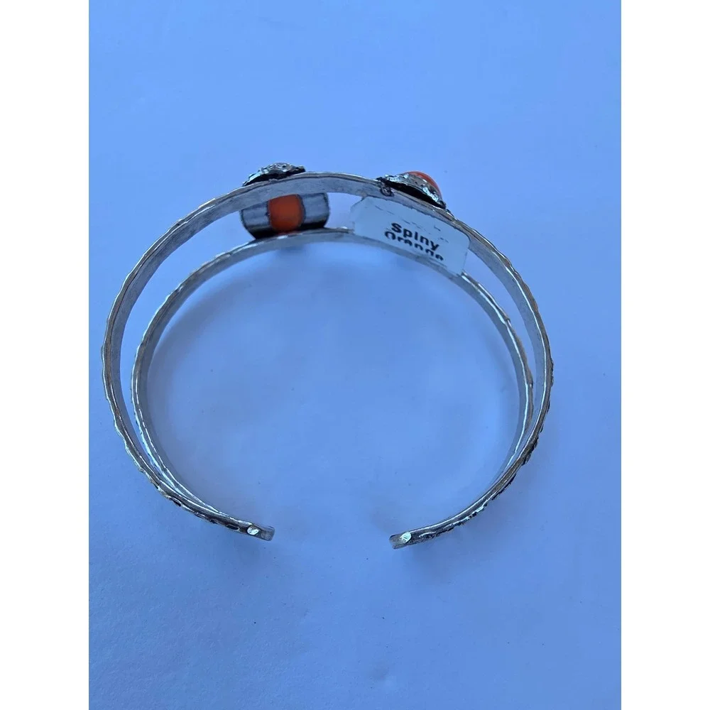 Vintage Spiny Orange Oyster Shell Silver Tone Split Shank Cuff Bracelet